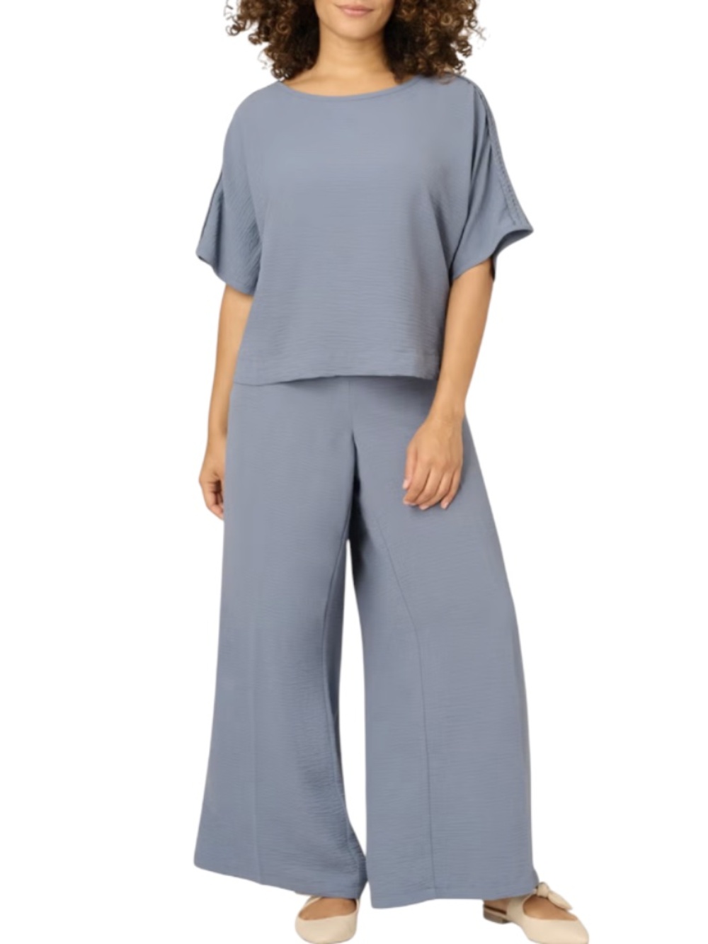 Adrianna Papell Womens Airflow Short Sleeve Top Wide Leg Pants Two Piece Set L
